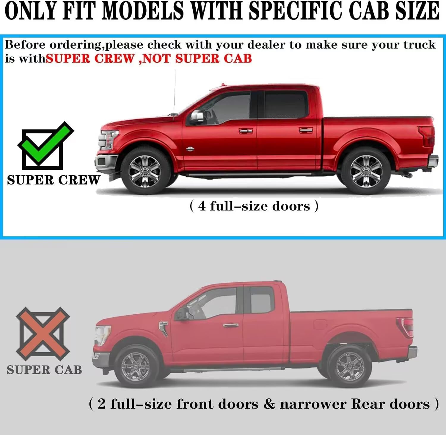 Truck running boards compatible with 2004-2014 Ford F150 Crew Cab(4 full-size doors). Does not fit Super Cab(2 narrow rear doors).