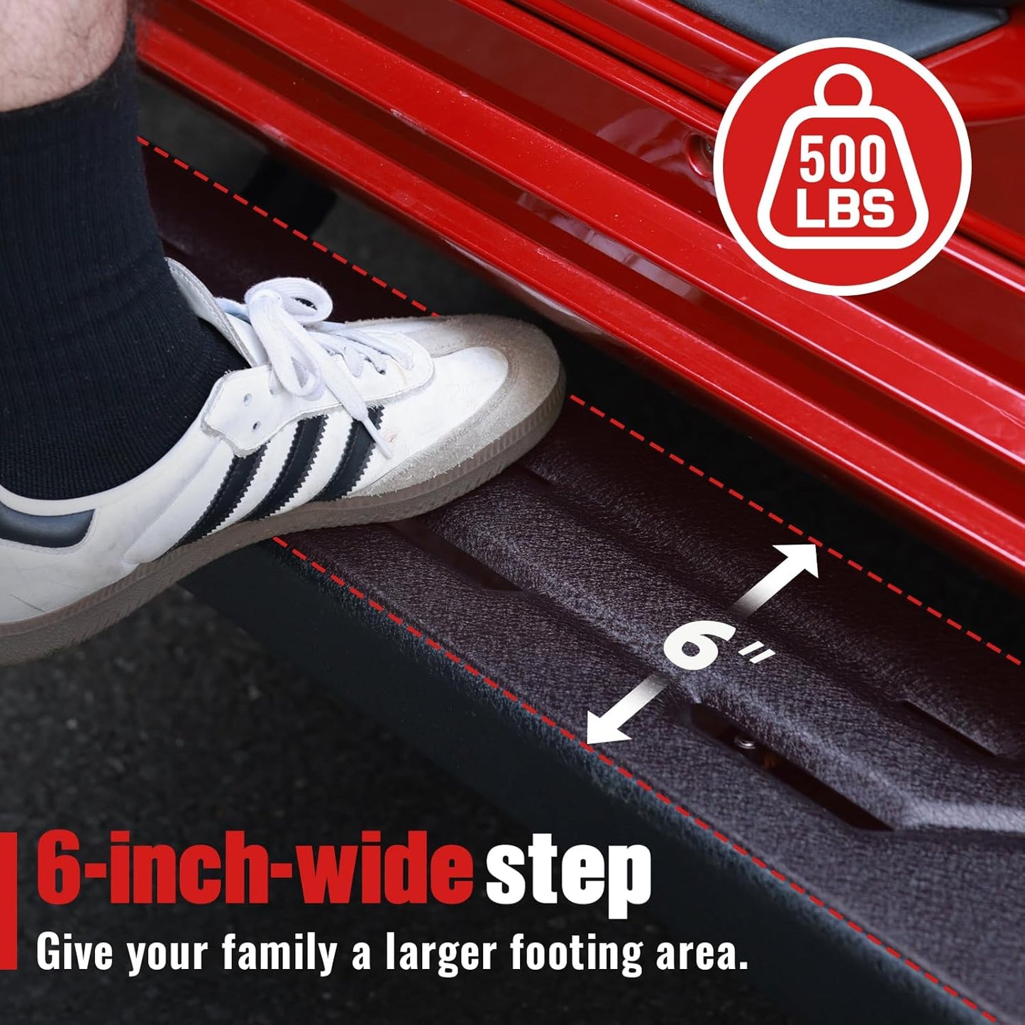 The 6-inch-wide step provides enhanced support, making it easier and more convenient to get on and off the truck. 