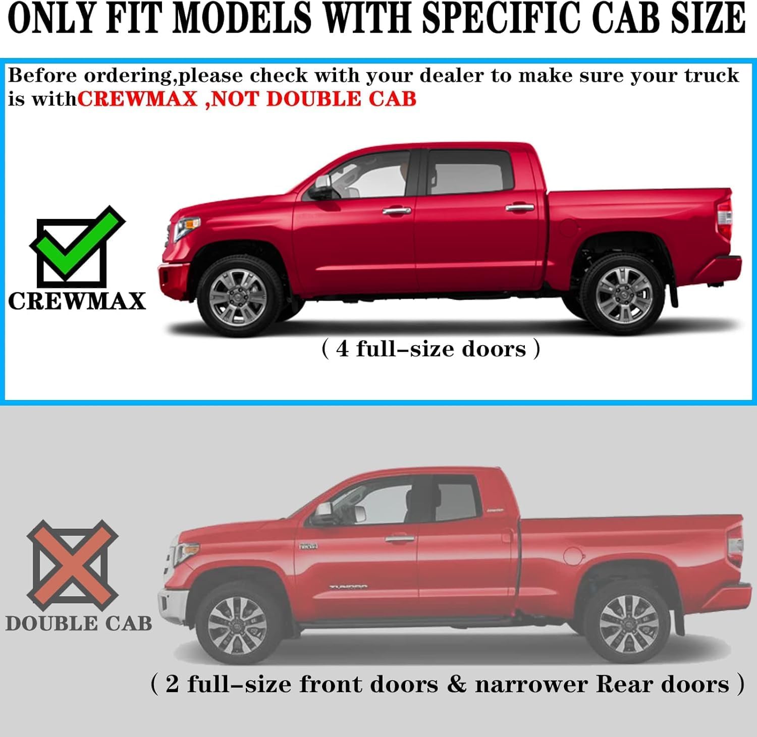 Fitment: Truck running boards compatible with 2022 2023 2024 2025 Toyota Tundra CrewMax Cab(4 full-size doors). Not for Tacoma, please check the model carefully!