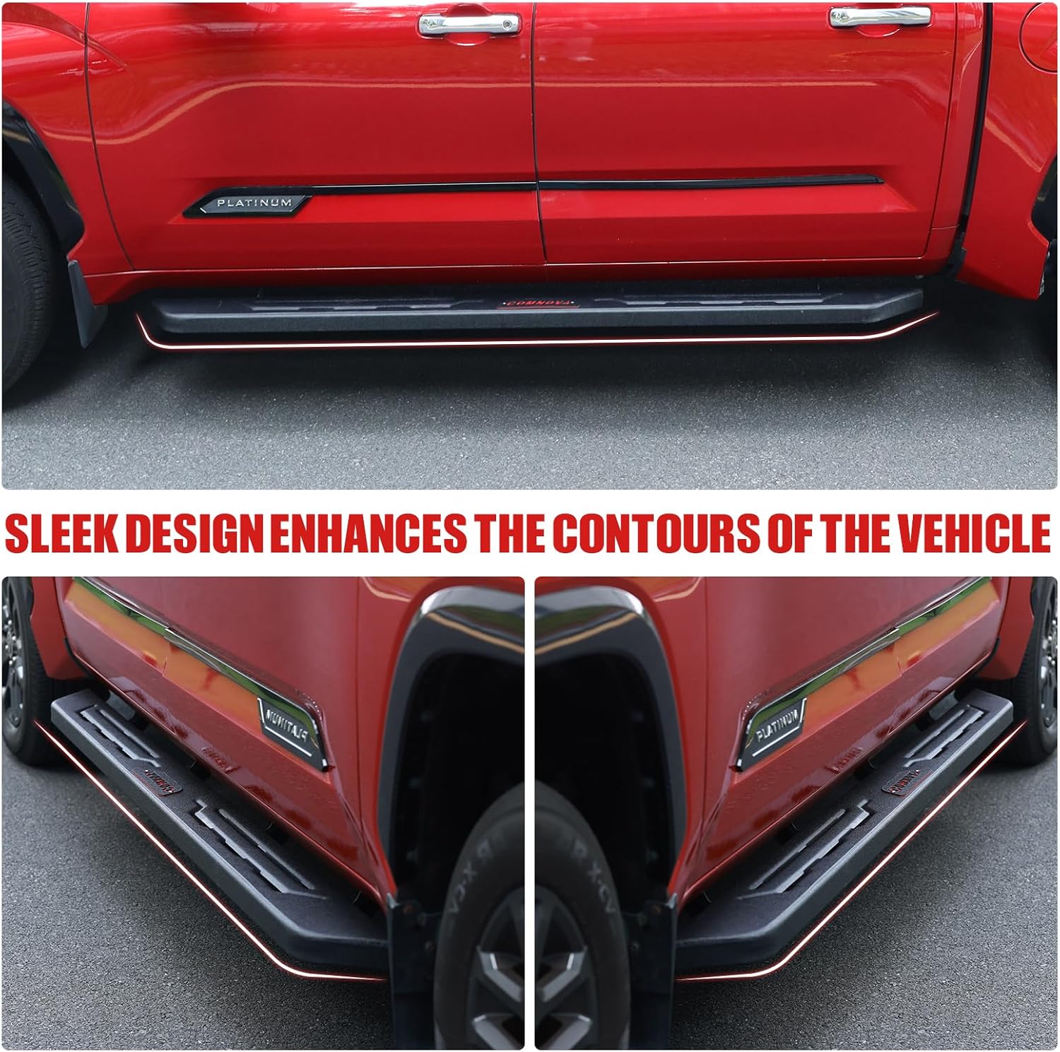 The sleek design seamlessly integrates with the truck's streamlined appearance while enhancing its aesthetic appeal. It provides protection for the vehicle's sides, underbody, and side skirts against road debris and minor impacts. Additionally, drainage holes on the steps facilitate easier cleaning, contributing to the side steps' long-lasting durability.