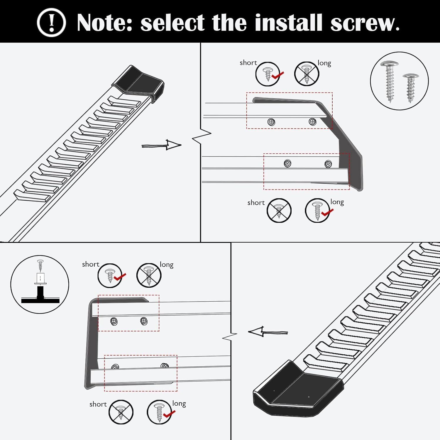 Easy bolt-on installation. No drilling or cutting required. All mounting hardware and installation instructions included. First, mount the mounting brackets under the truck, then the running boards. The attaching bolts fit into a groove that allows them to slide into the correct position. Then, simply torque them down and you're done!