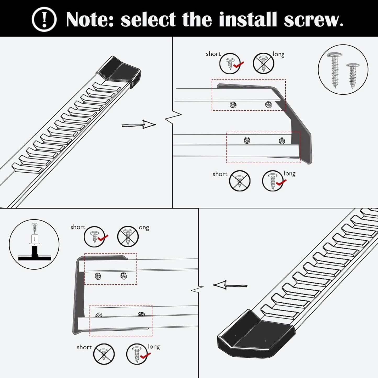 Easy bolt-on installation. No drilling or cutting required. All mounting hardware and installation instructions included. First, mount the mounting brackets under the truck, then the running boards. The attaching bolts fit into a groove that allows them to slide into the correct position. Then, simply torque them down and you're done!