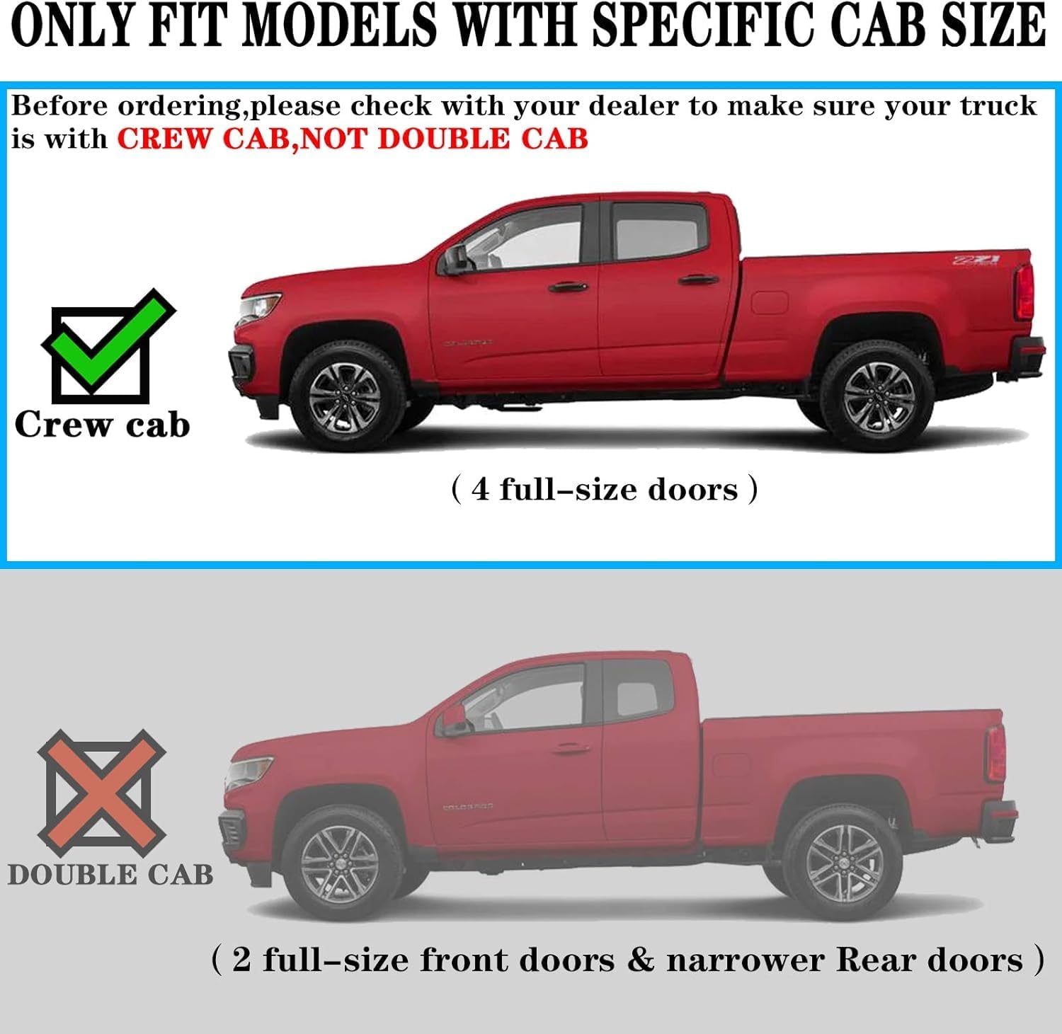 FITMENT: Truck running boards compatible with 2015-2026 Chevy Colorado/GMC Canyon Crew Cab (4 full-size doors).