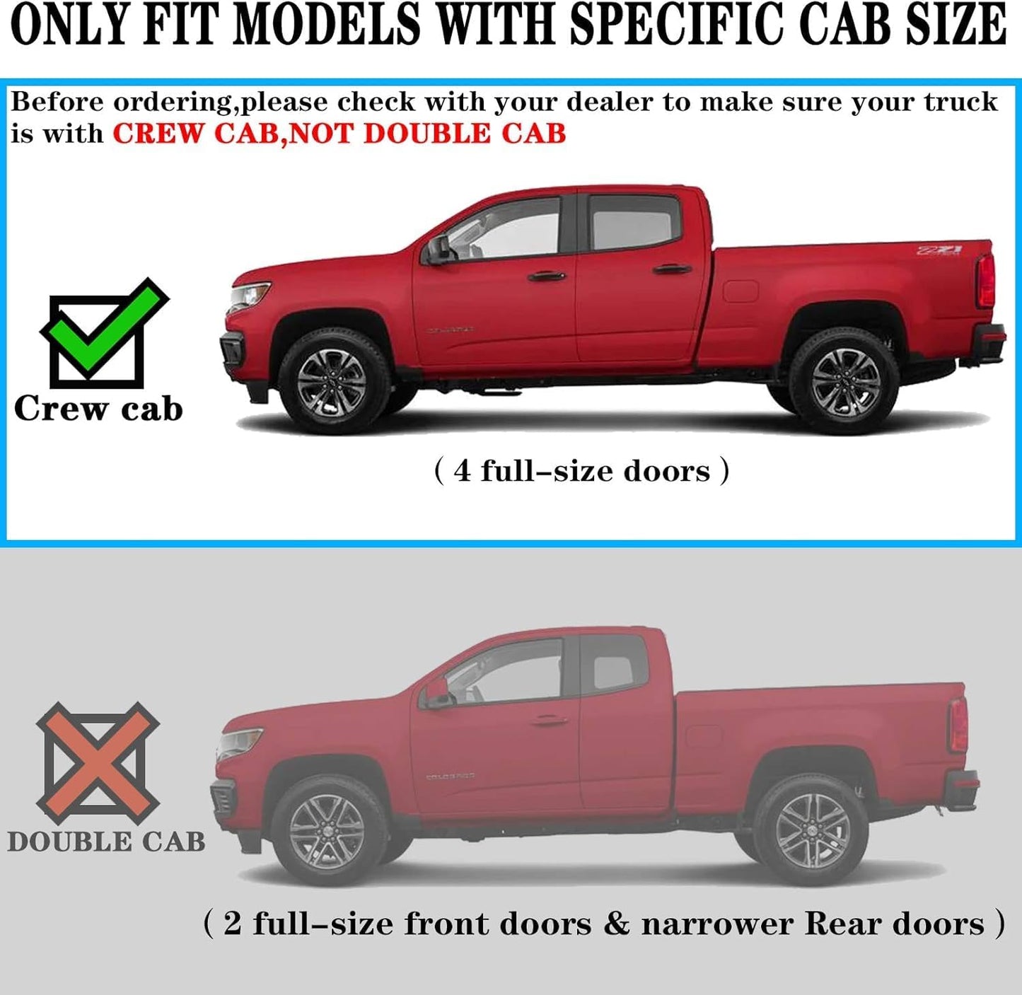 FITMENT: Truck running boards compatible with 2015-2026 Chevy Colorado/GMC Canyon Crew Cab (4 full-size doors).
