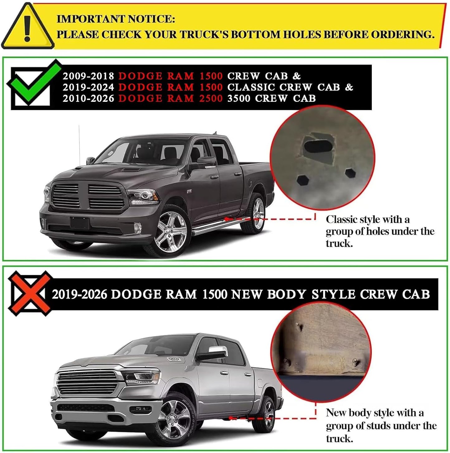 Truck running boards compatible with 2009-2018 Dodge Ram 1500 Crew Cab, 2010-2026 Dodge Ram 2500 3500 Crew Cab, 2019-2024 Dodge Ram 1500 Classic model. Not for 2019-2025 Ram 1500 New Style Body.