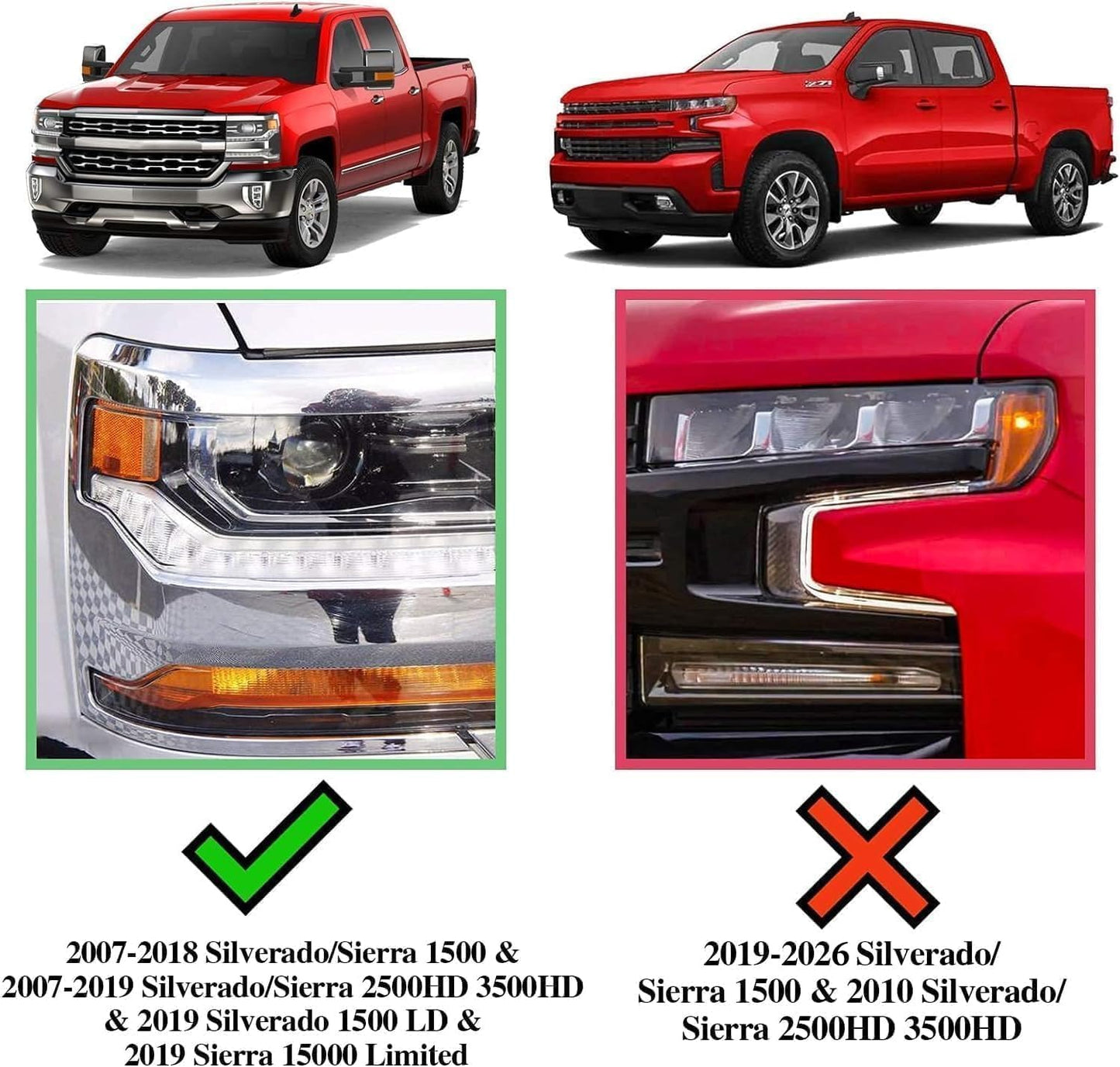 Truck running boards compatible with 2007-2018 Chevy Silverado/Sierra 1500 2500 3500 Double Cab Extended Cab(2 narrow rear doors), 2007-2019 Silverado/Sierra 2500HD 3500HD Double Cab, 2019 Silverado 1500LD/Sierra 1500 Limited Double Cab, not for Crew Cab with 4 full-size doors. Does Not Fit the all diesel engine model or 2007 Silverado 1500 Classic model.
