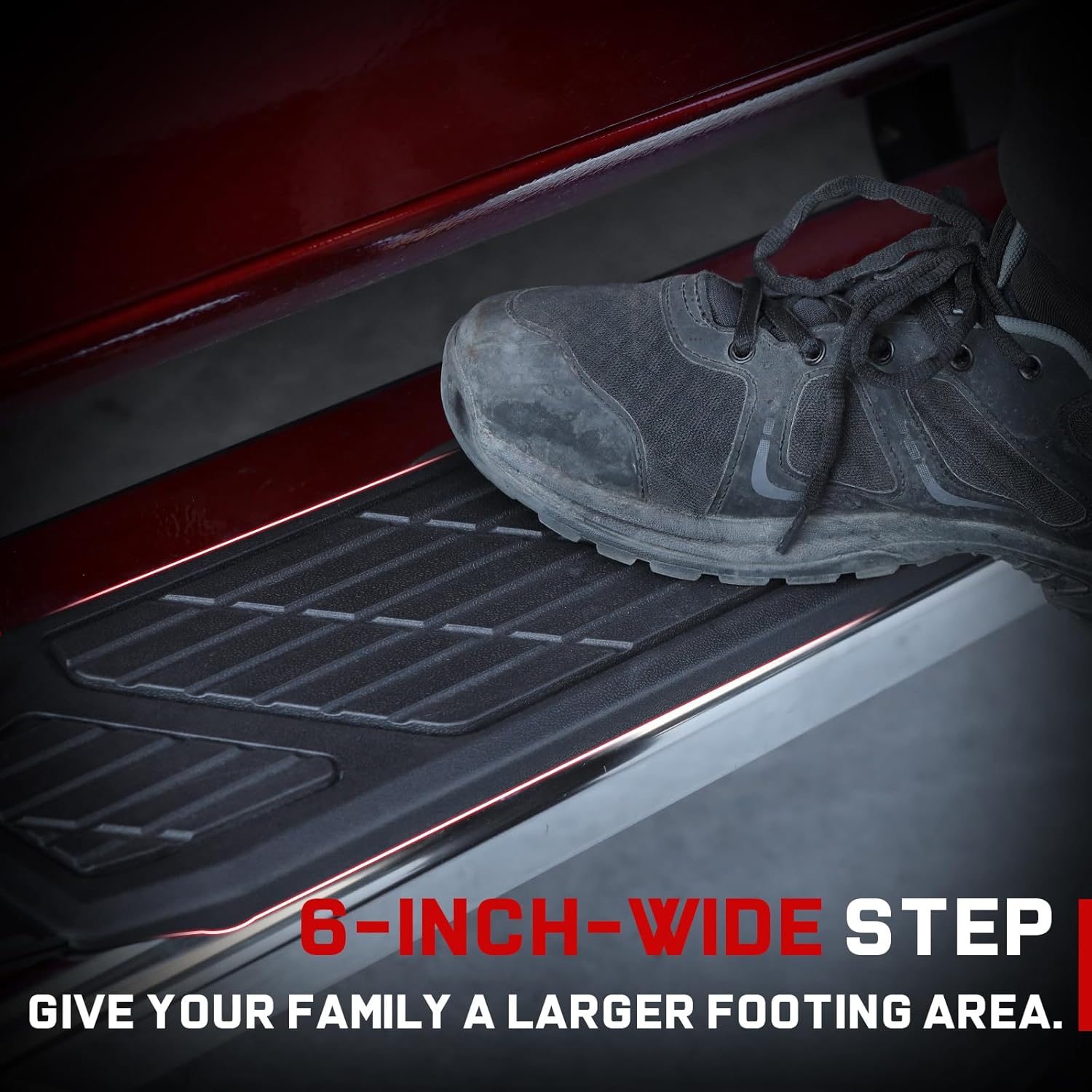 The 6-inch-wide side step provides ample footing space for easy entry and exit. Its anti-slip tread design effectively prevents slips on wet, snowy, or muddy surfaces, ensuring stable and secure access every time. This step is especially convenient for seniors, children, and pets.