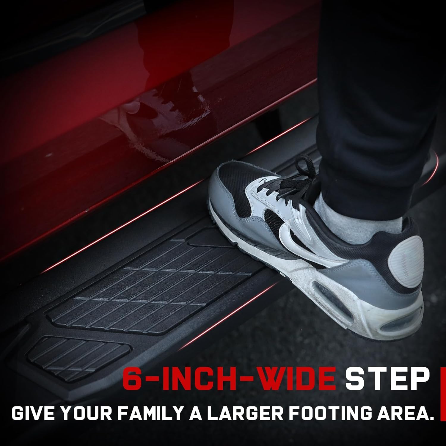 The 6-inch-wide side step provides ample footing space for easy entry and exit. Its anti-slip tread design effectively prevents slips on wet, snowy, or muddy surfaces, ensuring stable and secure access every time. This step is especially convenient for seniors, children, and pets.