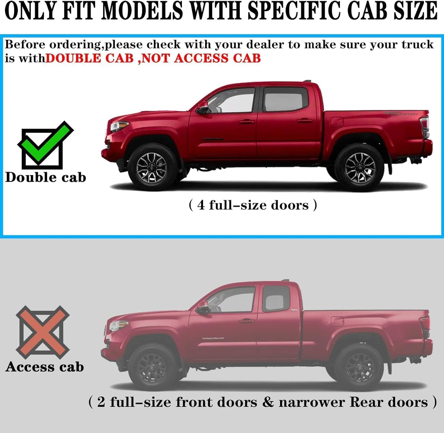  Truck running boards compatible with 2024-2026 Toyota Tacoma Double Cab(4 full-size doors). Does not fit Access Cab(2 half-size rear doors) or Tundra model.
