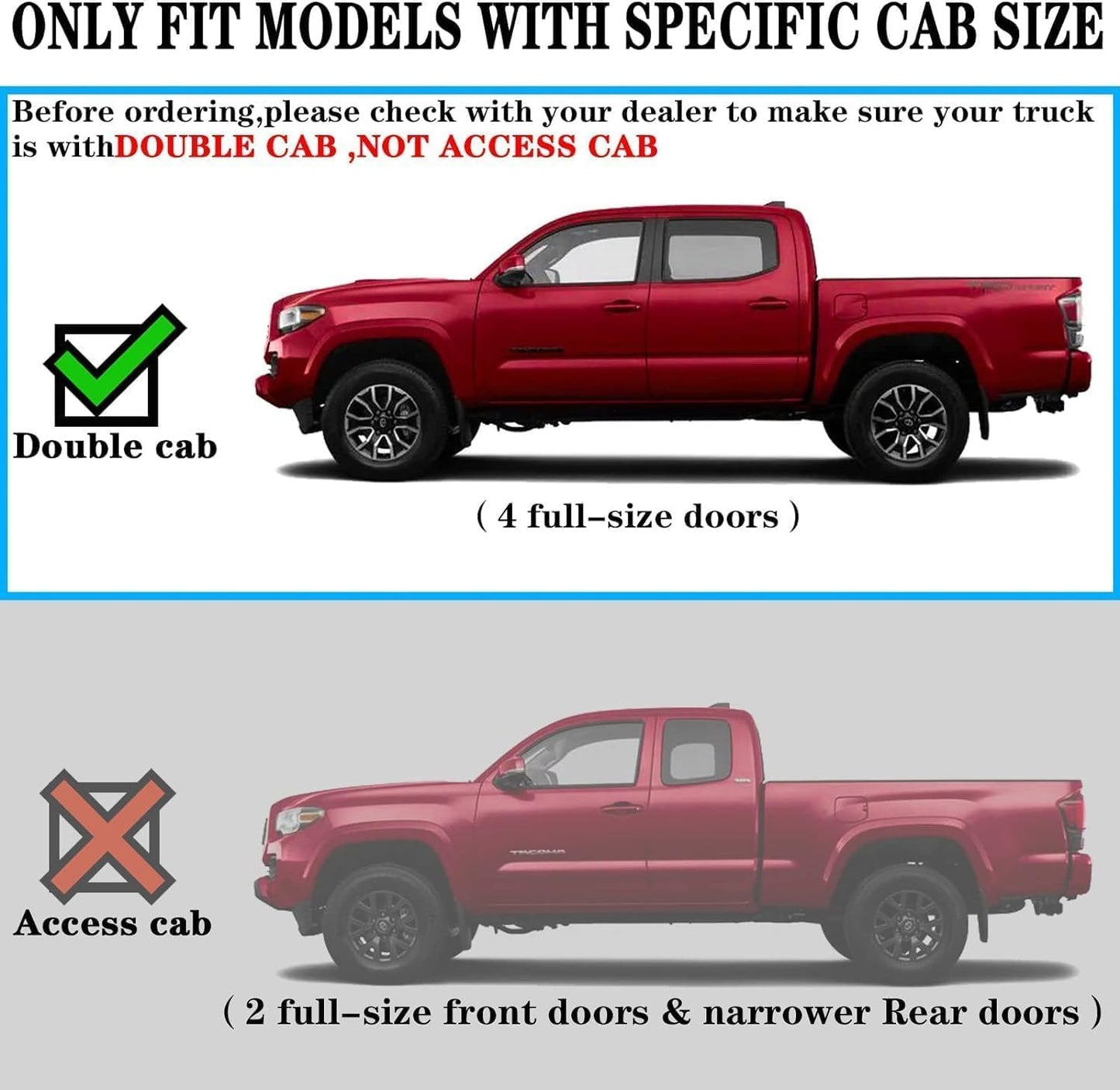  Truck running boards compatible with 2024-2026 Toyota Tacoma Double Cab(4 full-size doors). Does not fit Access Cab(2 half-size rear doors) or Tundra model.