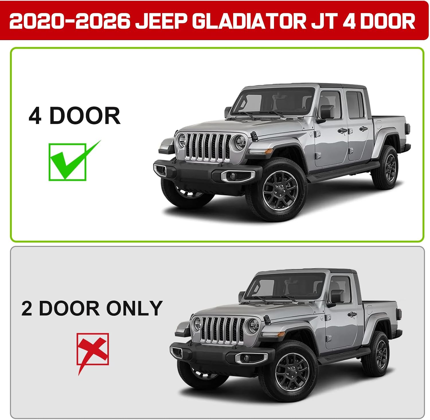 Running boards compatible with 2020-2026 Jeep Gladiator JT 4 doors. Not for Wrangler or 2 door. Please check the cab side before placing an order.