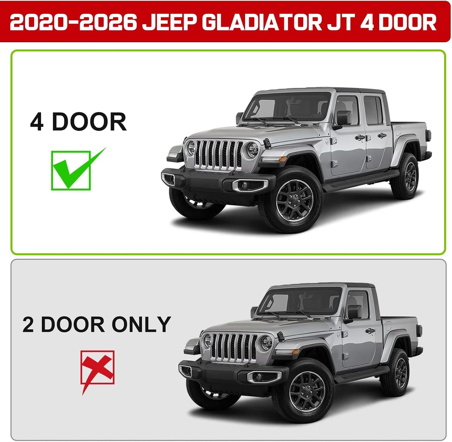 Running boards compatible with 2020-2026 Jeep Gladiator JT 4 doors. Not for Wrangler or 2 door. Please check the cab side before placing an order.