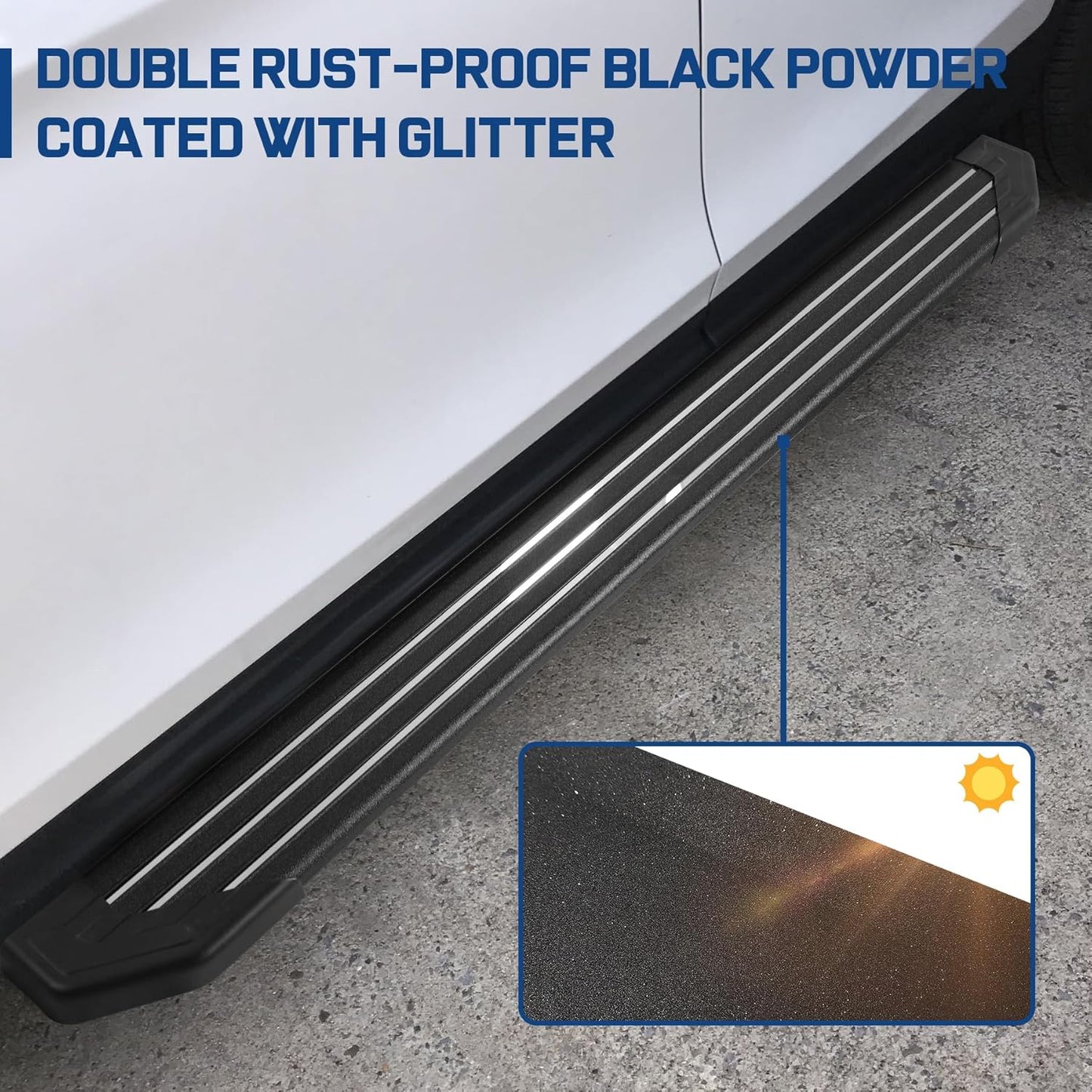 Non welded design of product, just mounted it, direct bolt on, no need to drill. The items include: 2 running board(left and right), brackets, hardware, detailed instructions.