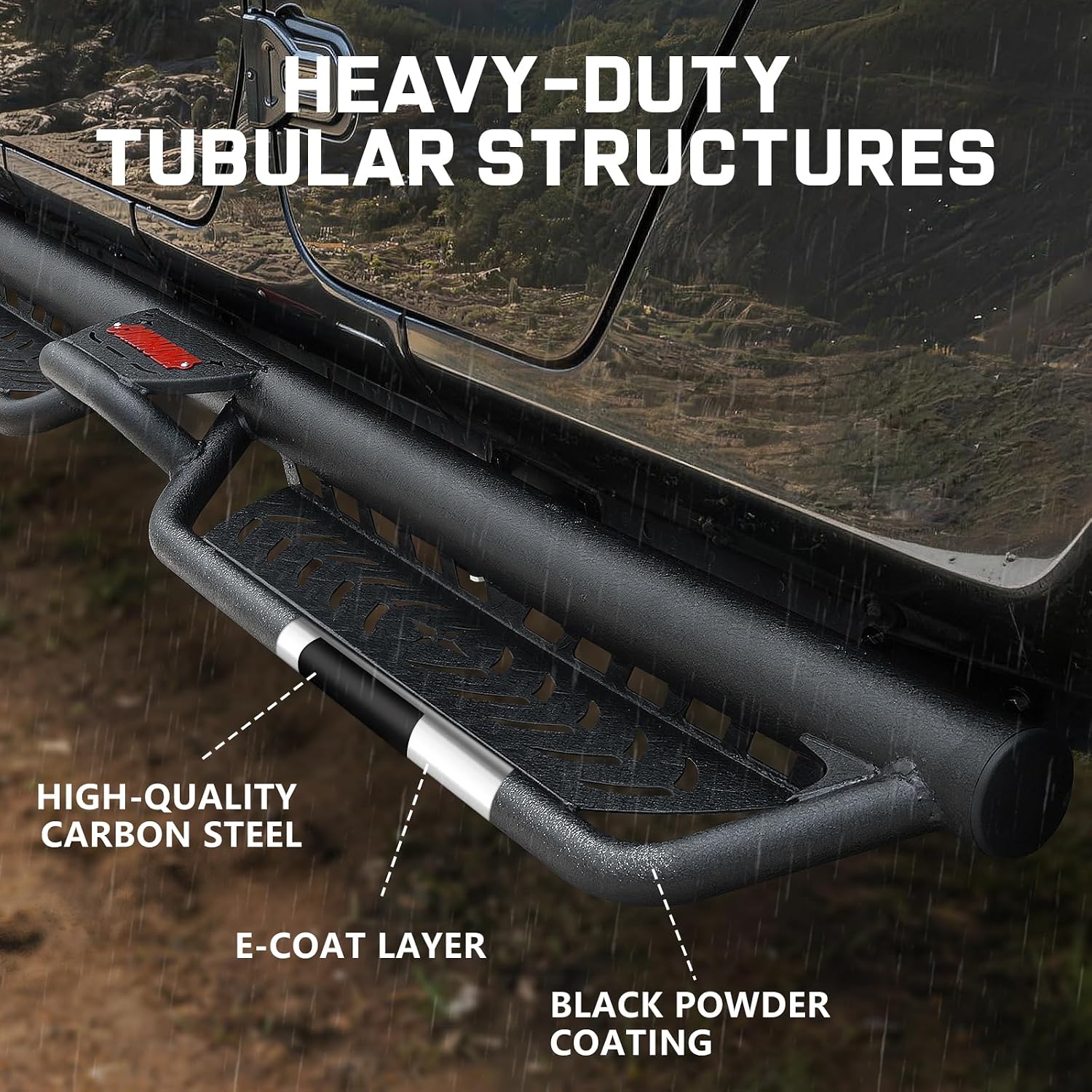 Constructed from high-quality carbon steel with premium black surface coating, these side steps feature superior anti-rust and anti-corrosion performance. Sturdy and durable with long service life, adapts to all harsh weather conditions, ideal for camping, off-roading and various outdoor activities.