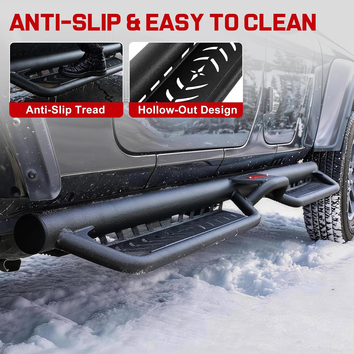 These side steps adopt a practical hollow-out design, allowing rainwater, mud, and snow to flow through smoothly without accumulation. It effectively prevents stubborn dirt build-up and saves plenty of cleaning time. This well-designed structure keeps the steps clean all the time, bringing great convenience to your daily use and outdoor trips.