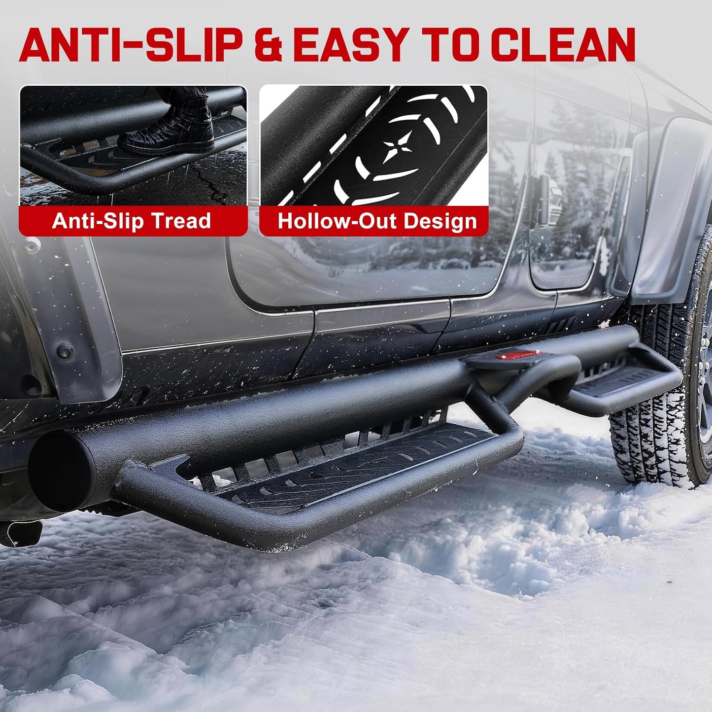 These side steps adopt a practical hollow-out design, allowing rainwater, mud, and snow to flow through smoothly without accumulation. It effectively prevents stubborn dirt build-up and saves plenty of cleaning time. This well-designed structure keeps the steps clean all the time, bringing great convenience to your daily use and outdoor trips.