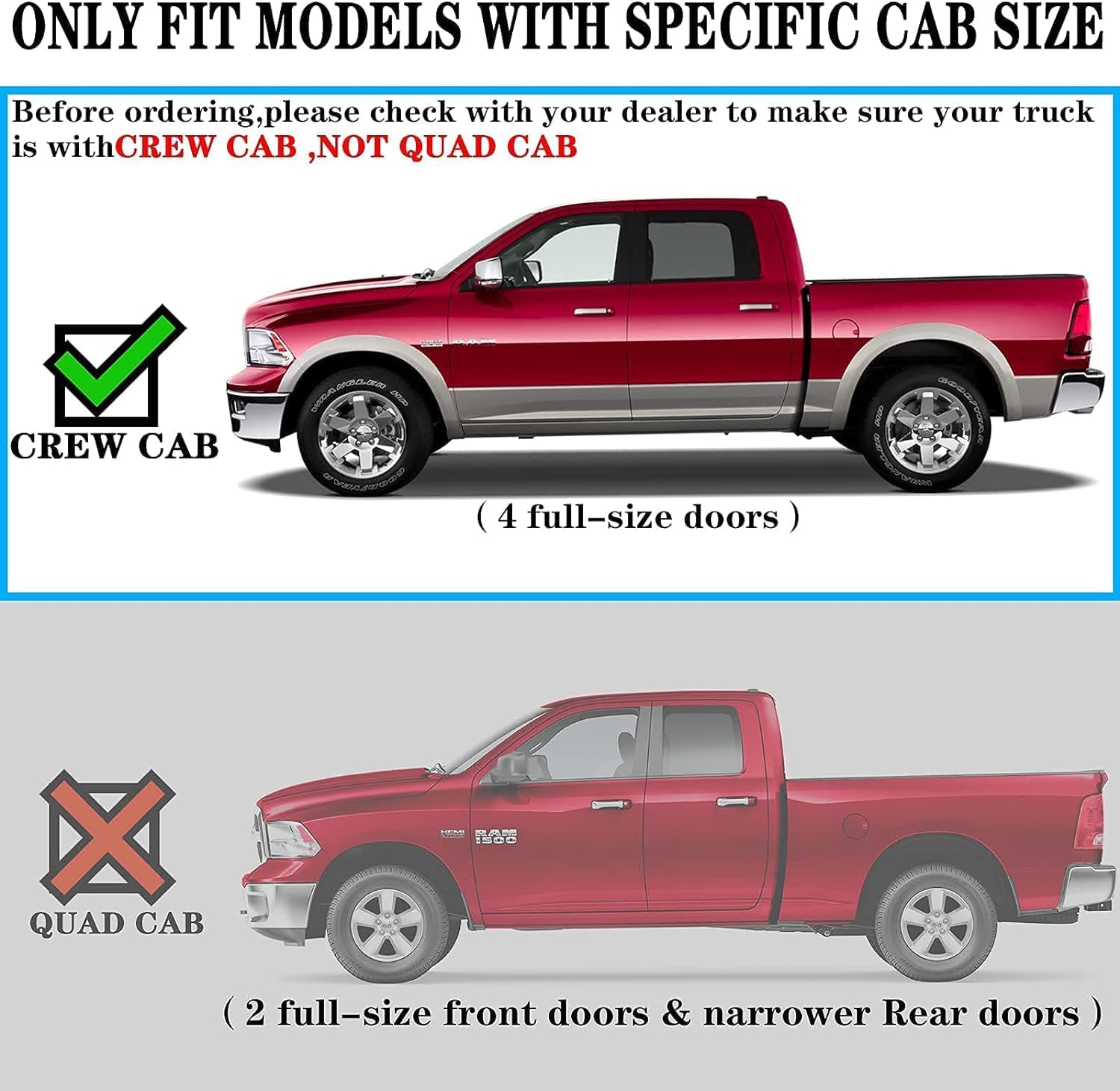 Only fits Crew Cab with 4 full-size doors, not for 2 full-size front doors and narrower Rear doors -COMNOVA AUTOPART