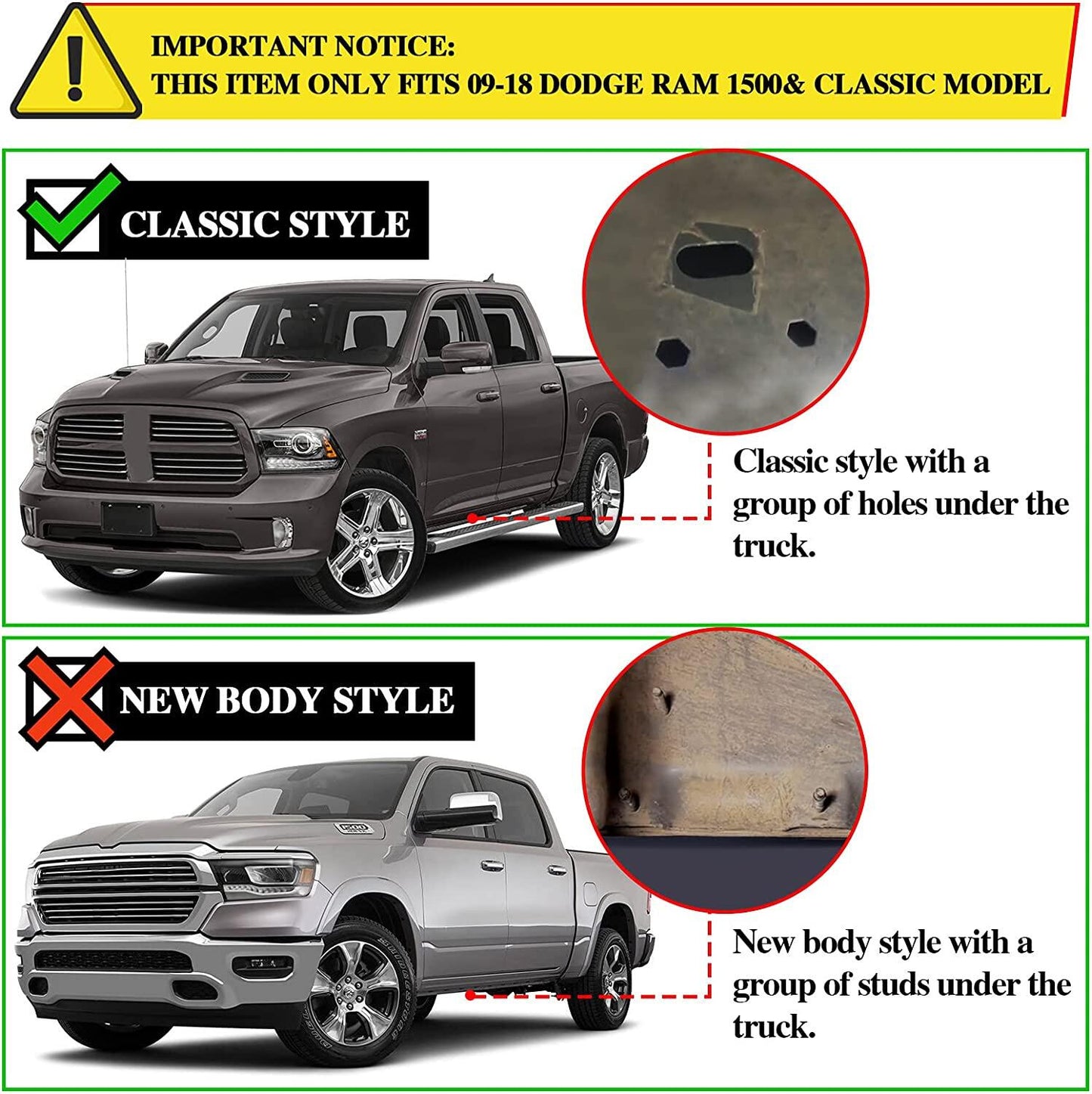 Black Running Boards for 2009-2018 Dodge Ram 1500 Crew Cab & 2010-2024 Dodge Ram 2500 3500 Crew Cab DH6 Style.- COMNOVA AUTOPART