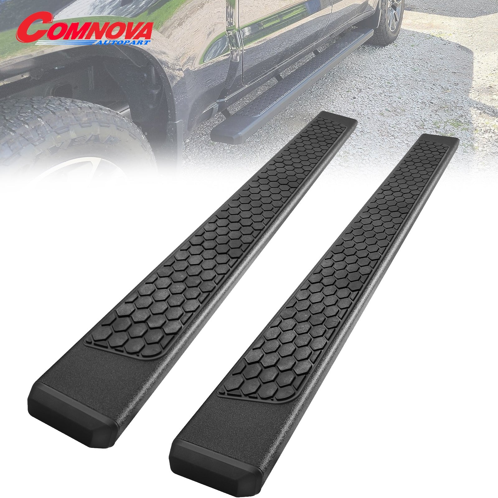 Black Running Boards for 2009-2018 Dodge Ram 1500 Quad Cab, 2010-2024 Ram 2500 3500 Quad Cab, 2019-2024 Ram 1500 Classic Quad Cab D6 Style. - COMNOVA AUTOPART