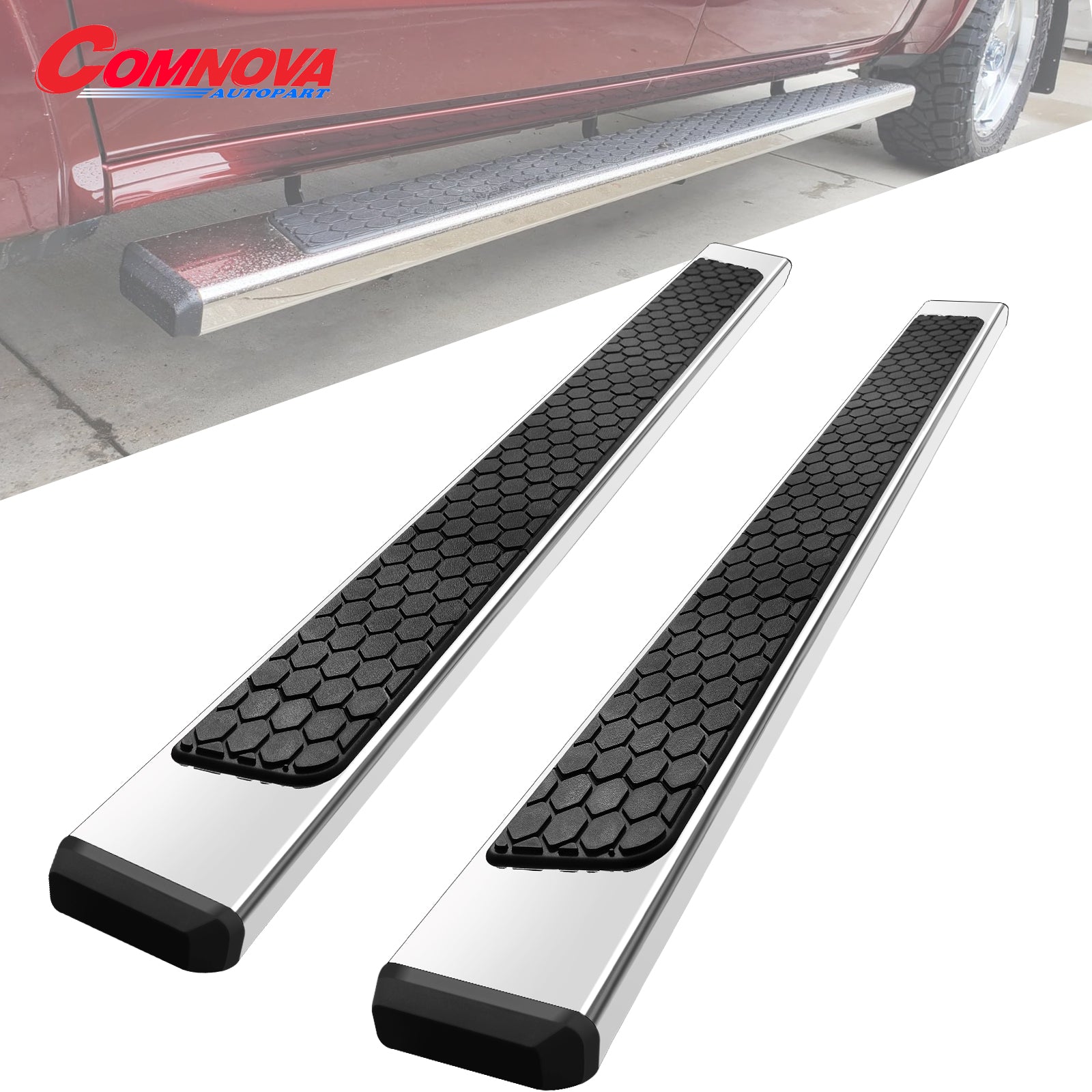 Stainless Steel Running Boards Compatible with 2009-2018 Dodge Ram 1500 Quad Cab, 2010-2024 Ram 2500 3500 Quad Cab, 2019-2024 Ram 1500 Classic Quad Cab D6 Style. - COMNOVA AUTOPART