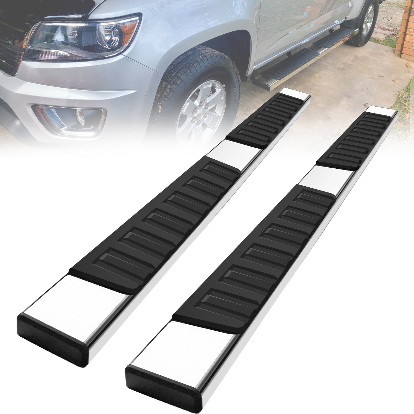 Running Boards Compatible with 2019-2024 Ford Ranger Super Crew Cab with 4 Full Size Doors, Stainless Steel Side Steps H6 Style. - COMNOVA AUTOPART