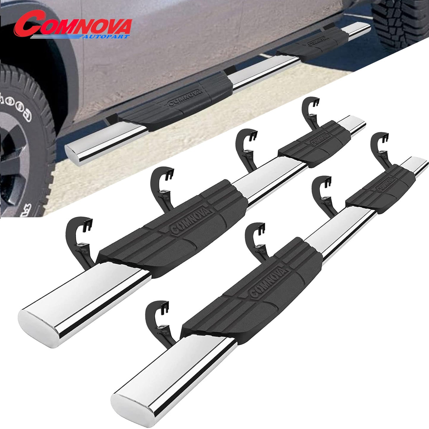 COMNOVA 4.5" Running Boards Compatible with 2007-2018 Chevy Silverado/GMC Sierra 1500 2500HD 3500HD Crew Cab, 2019 Chevy Silverado/GMC Sierra 2500HD 3500HD, Oval Texturel Nerf Bars 8X Style. - COMNOVA AUTOPART