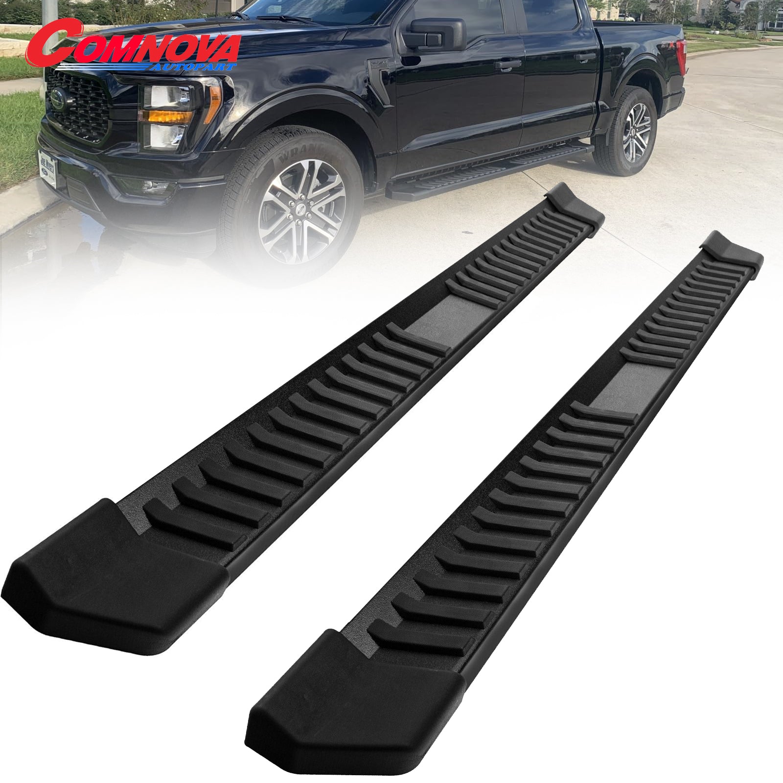 Black Running Boards for 1999-2016 Ford F250 Superduty Crew Cab V6 Style.- COMNOVA AUTOPART